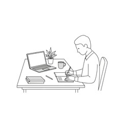 Person Working at Desk with Laptop and Writing on Paper.