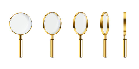 Magnifying glass set of five gold handled lenses in different angles and positions. 3D detailed loupe icons for search, zoom, inspection, scientific study concepts. Realistic vector illustration.