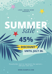 Summer sale poster with palm leaves, sea stars, and waves, fun editable template. Catch the Waves!