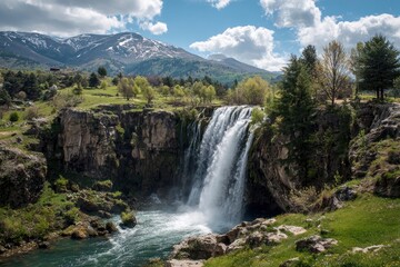 A breathtaking natural landscape showcases a powerful waterfall cascading over rugged, moss-covered cliffs into a pristine turquoise pool below. Lush green foliage and various trees frame the scene, l