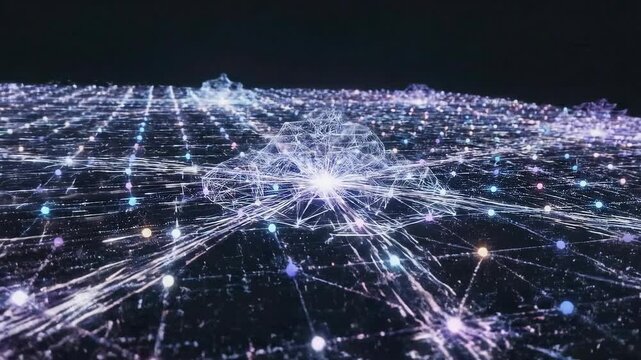 Futuristic 4K visualization of cloud computing nodes syncing with dynamic 3D animated glowing lines in a networked digital landscape.