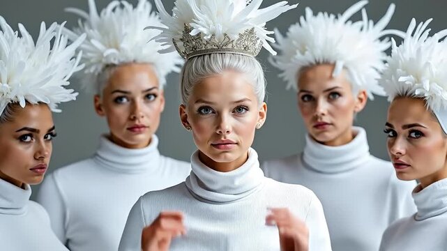 A group of women wearing white feathers on their heads
