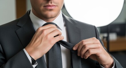 Professional businessman adjusting his tie preparing for work in a suit jacket and white collared shirt