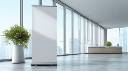 Fototapeta premium Blank Roll-Up Banner Stand in Modern Office Lobby: Interior Mockup for Advertising and Promotion