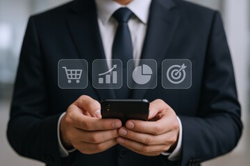 Businessman Analyzing Data with Smartphone Displaying Growth Charts and Target Icons for Strategic Business Decisions