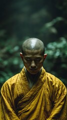 Serene Monastic Figure in Yellow Robe Meditating in Nature
