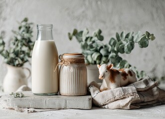 Creamy Milk Delight in a Glass Bottle and Rustic Jar A symphony of wholesome goodness, perfect for healthy lifestyles, farm-fresh advertising, and dairy product promotions, with rustic charm