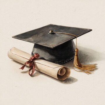 a classical academic regalia set with a mortarboard hat, tassel, and diploma, all traditionally associated with academic achievement