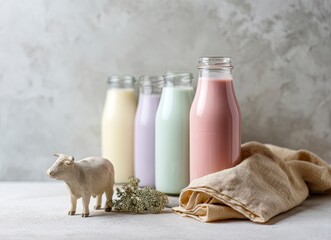 Elegant Pastel Milk Bottle Still Life on Tabletop: A Refreshing Dairy Delight, Modern Kitchen Aesthetic, Healthy Lifestyle, Creamy Goodness, Calming and Serene, Perfect for Food Blogs