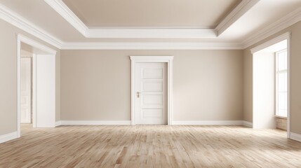 Fototapeta premium Empty Room with Neutral Walls, White Trim and Light Wood Floor Ready for Design and Decoration