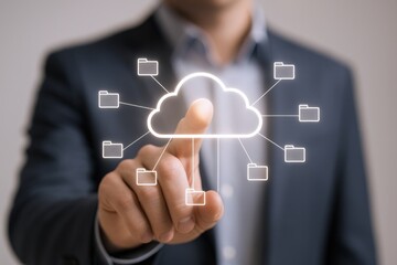 Cloud Computing Connection: Businessman Tapping Holographic Cloud Network for Data Storage and File Management Solutions