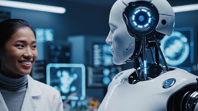 laboratory expert observes robot with glowing sensors, scientist from asia inspects advanced humanoid robot surrounded by diagnostic displays and collaborative artificial intelligence tools