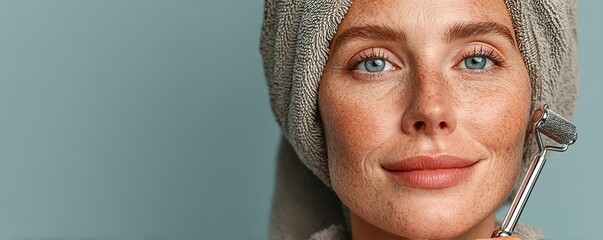 Beautiful woman with a towel turban using a facial roller for skincare and self-care