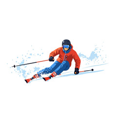 Obraz premium Skier in orange jacket and blue pants skiing down a snowy slope.