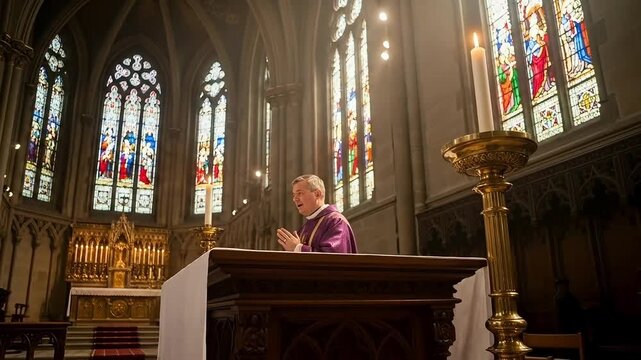 Priest in purple vestments leading a solemn mass or prayer service inside a grand cathedral with stained glass windows