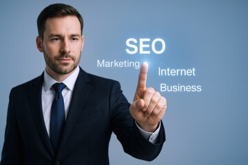 Obraz premium Man touching virtual interface with SEO marketing strategy information, demonstrating modern business technology and future trends