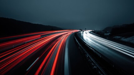 Abstract highway night scene with blurred car headlights creating light trails effect long exposure