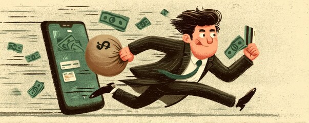 Cartoon businessman in a suit running away with a money bag and cards, escaping a smartphone