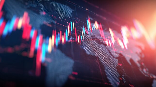 Stock Market Candlestick Chart Overlayed on World Map Displaying Financial Data and Economic Trends - Powered by Adobe