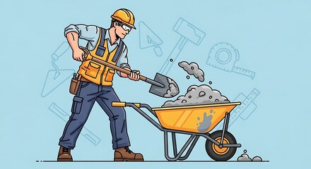 Construction worker with shovel and wheelbarrow mixing cement on a blue background with tools.