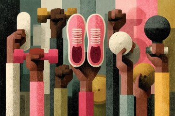 Vibrant group fitness illustration with diverse hands raised, dumbbells, and sneakers for teamwork