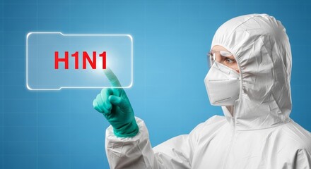 Medical professional in ppe touching h1n1 digital screen