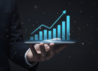 Businessman Holding Smartphone with Rising Holographic Bar Chart