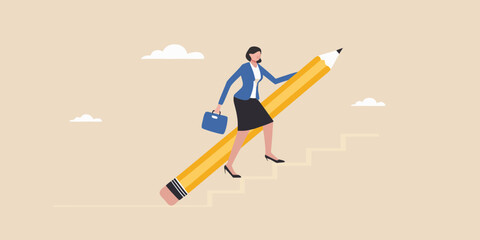Businesswoman confidently climbing a giant pencil as a staircase to success