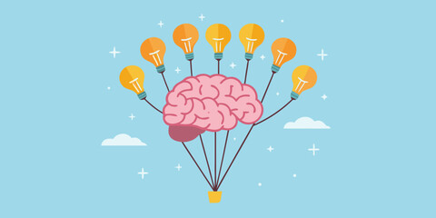 Brainstorming and creativity light bulbs rising from a human brain concept