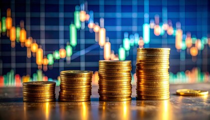 Stacks of gold coins on reflective surface with digital financial chart showing candlestick trading data.