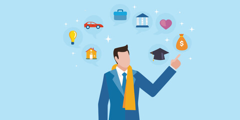 A man pointing to symbolic icons representing life goals and aspirations