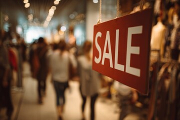 This image captures a vibrant retail atmosphere with a prominently displayed red "SALE" sign at the forefront, signaling attractive discounts and promotional offers. The background features intentiona