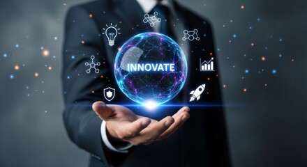 Businessman holding glowing innovate sphere with digital business icons