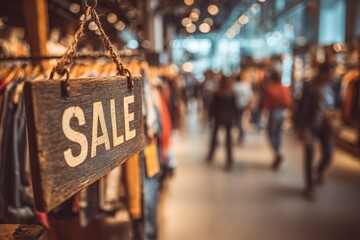 A rustic wooden "SALE" sign, suspended by a textured rope, hangs prominently in the foreground, sharply in focus and signaling enticing discounts and promotional offers within a vibrant retail environ