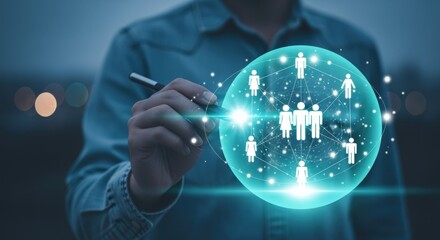 Man Interacting with Digital Network Displaying Human Icons, Connecting with Global Social Media and Technology