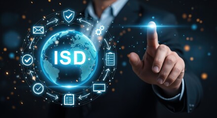 Businessman interacting with digital interface representing information security standards, data protection and secure technology.