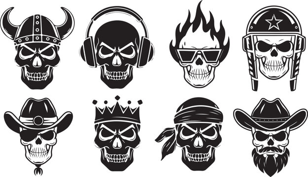 Set of  vector skull mascots including pirate, viking, cowboy and biker heads