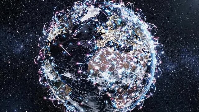 Awe-inspiring aerial view of Earth reveals social media data points connecting worldwide with luminescent lines in space, showcasing digital communication in cinematic 8K.