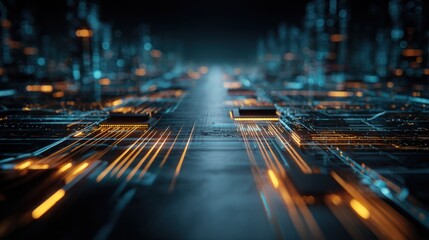 Futuristic Technology Landscape: Abstract Circuit Board Design with Glowing Components for High Tech and Digital Innovation