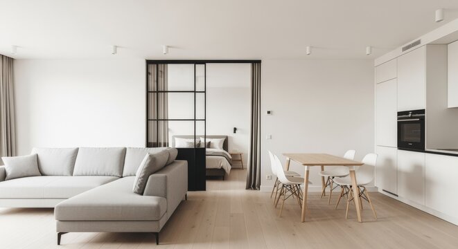 Modern Apartment Interior with Open Floor Plan, Minimalist Design, and Neutral Colors for Lifestyle Living - Powered by Adobe