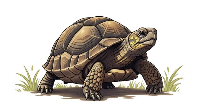 Detailed illustration of a tortoise walking on grass with a white background.