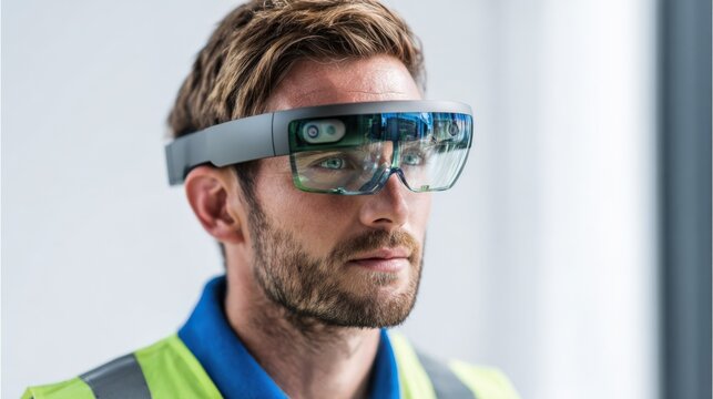 Man using augmented reality headset for industrial application showcases cutting-edge technology and innovation indoors - Powered by Adobe