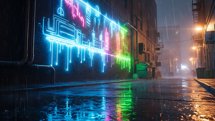 Cyberpunk Rainy Alley With Neon Wall Art and Wet Street Reflections