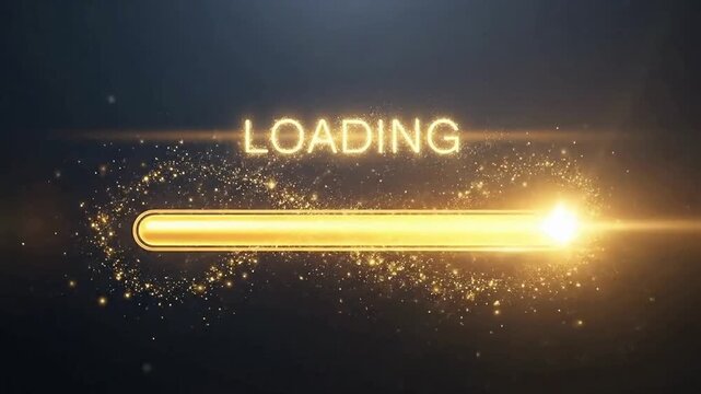 Glowing golden loading bar animation with sparkling particles against a dark futuristic background signaling progress and waiting