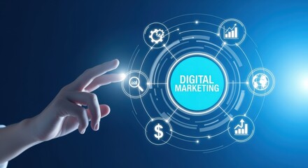 Digital Marketing Strategy Concept with Hand Pointing to Virtual Interface on Blue Background