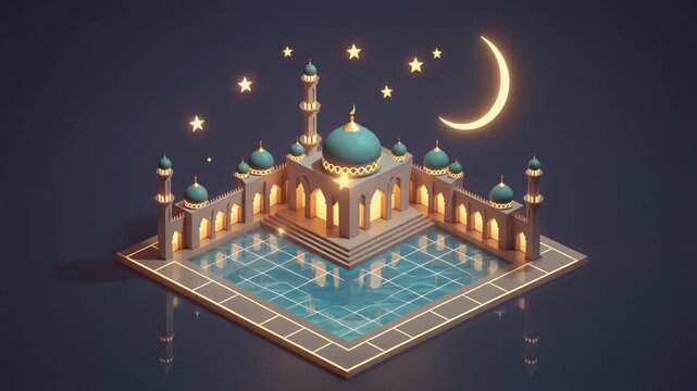 Isometric Miniature Mosque with Pool and Crescent Moon
