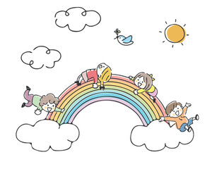 虹と子供たちのイラスト