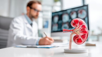 Kidney Anatomy Model with Doctor Analyzing Scan for Diagnosis of Renal Disease and Urological Health