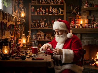 Obraz premium Santa claus in workshop crafting toys beside fireplace at night