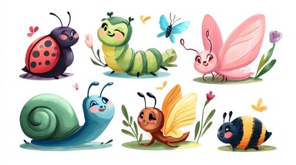 Fototapeta premium Adorable Cartoon Insects Set Featuring Ladybug, Caterpillar, Butterfly, Snail, Moth and Bumble Bee